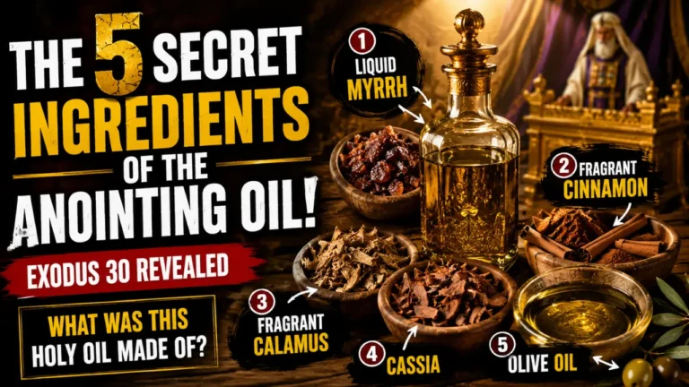 Cinematic illustration of the five biblical ingredients of the holy anointing oil in Exodus 30, including myrrh, cinnamon, calamus, cassia, and olive oil arranged beside a sacred golden oil bottle.