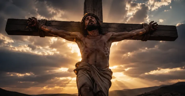 Jesus on the cross at sunset during the final moments described in John 19:30.