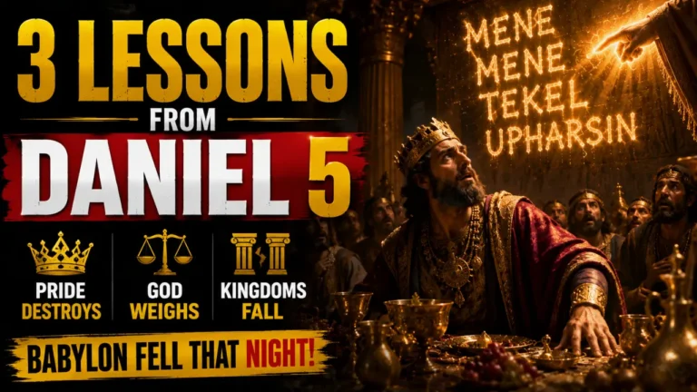 Cinematic illustration of King Belshazzar reacting in fear as supernatural handwriting appears on the wall during a royal Babylonian feast in Daniel chapter 5, symbolizing pride, divine judgment, and the fall of Babylon.