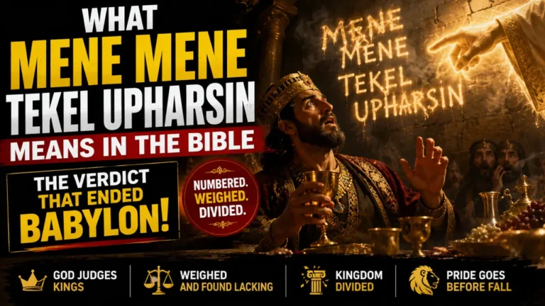 Cinematic illustration of the supernatural handwriting on Babylon’s palace wall during Belshazzar’s feast with terrified nobles and glowing words Mene Mene Tekel Upharsin announcing divine judgment.