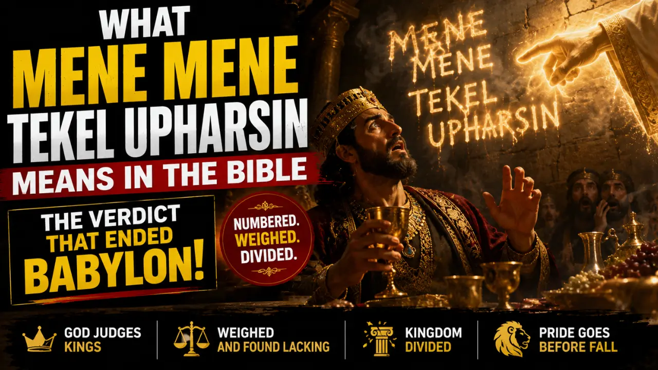 Cinematic illustration of the supernatural handwriting on Babylon’s palace wall during Belshazzar’s feast with terrified nobles and glowing words Mene Mene Tekel Upharsin announcing divine judgment.