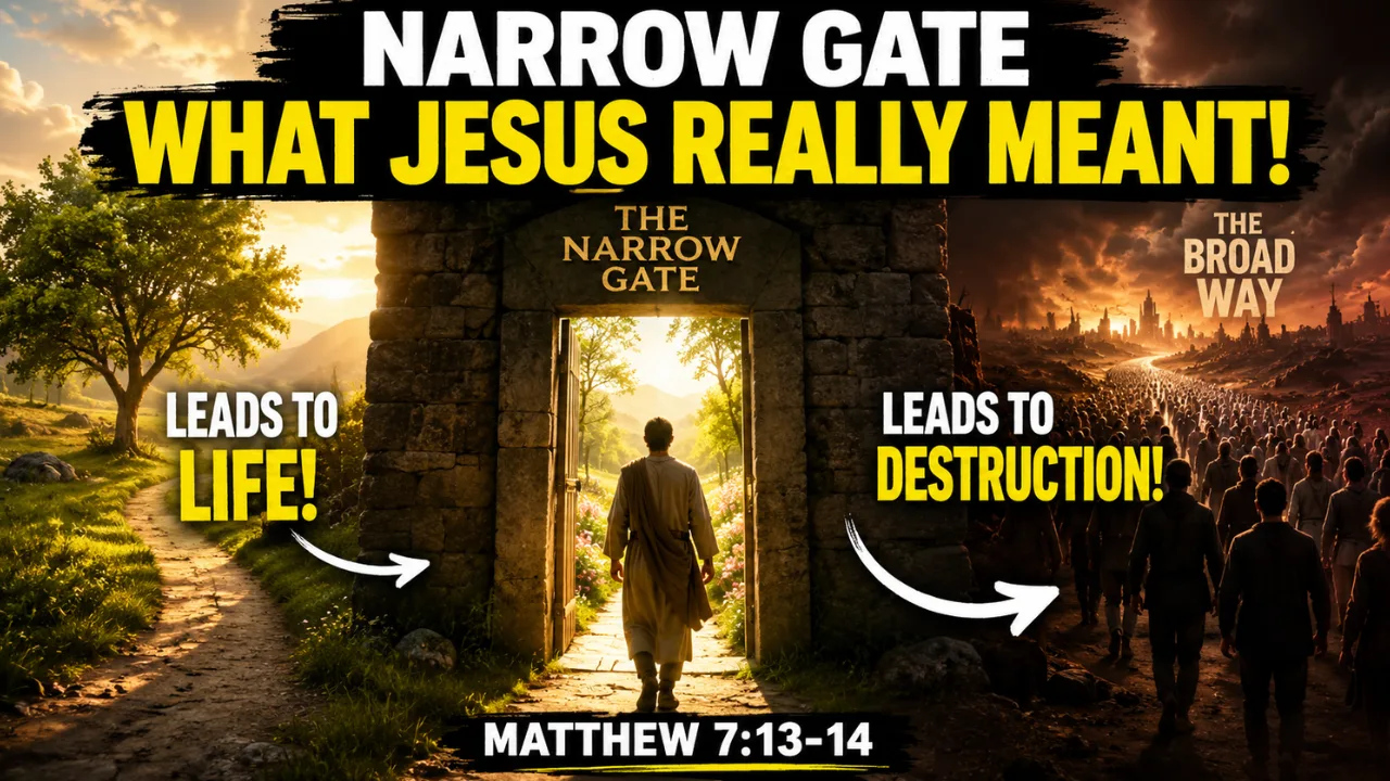 Cinematic illustration of the narrow gate and broad way from Matthew 7 with one path leading toward radiant life and another crowded path leading toward destruction beneath dramatic skies.