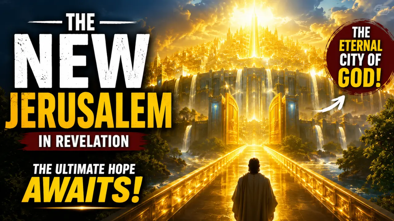 Cinematic illustration of the New Jerusalem descending from heaven with radiant golden gates, divine light, river of life, and a figure standing before the eternal city in Revelation.