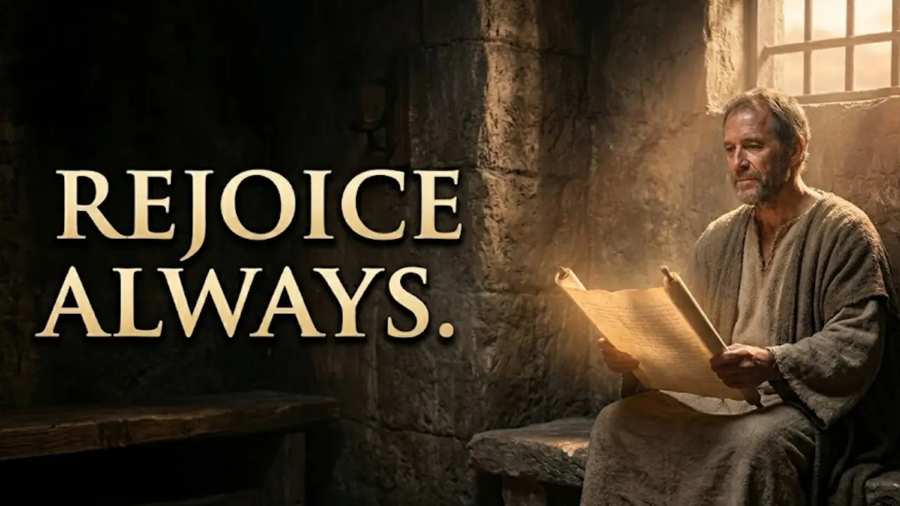 Apostle Paul sitting peacefully in a Roman prison cell with golden light, symbolizing the meaning of Philippians 4:4 and rejoicing in the Lord always.