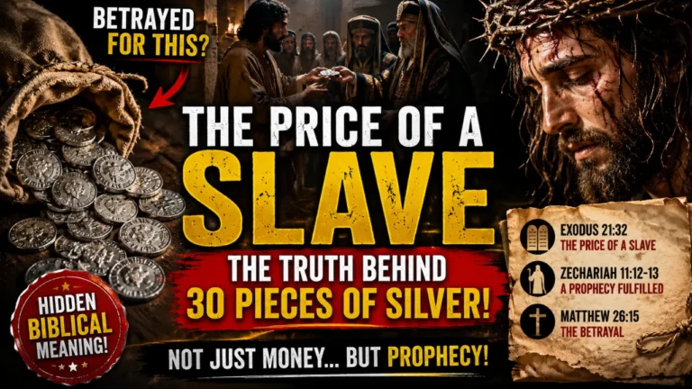 Cinematic biblical illustration showing thirty silver coins, Judas receiving payment from religious leaders, and Jesus in sorrow, representing the meaning of the 30 pieces of silver and their connection to betrayal, prophecy, and the price of a slave in the Bible.
