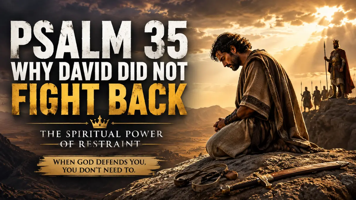 King David kneeling in the wilderness with a sword laid down, showing the spiritual power of restraint in Psalm 35 while enemies stand in the distance.