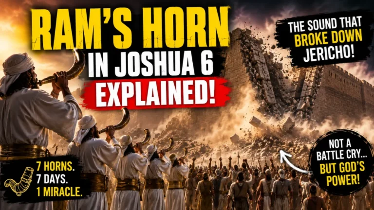 Cinematic illustration of priests blowing ram’s horns before the collapsing walls of Jericho with dramatic dust clouds and covenant procession imagery from Joshua 6.