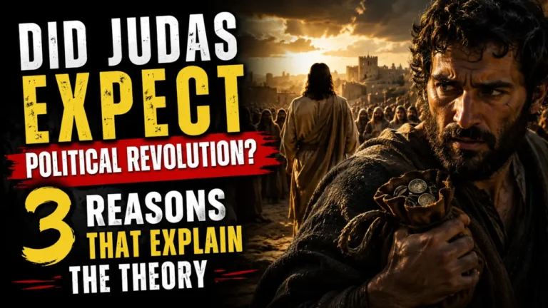 Cinematic biblical illustration of Judas Iscariot holding a money bag and silver coins while looking toward Jesus teaching a crowd, representing the theory that Judas may have expected a political Messiah and revolutionary change in Israel.