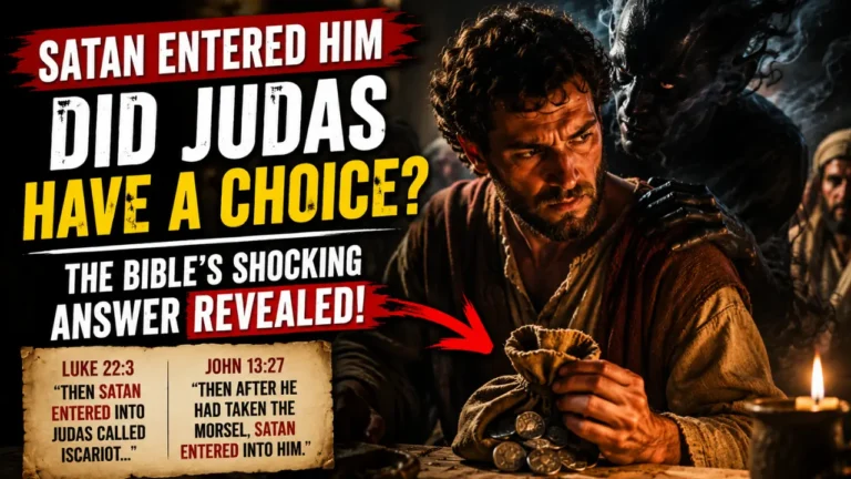 Cinematic biblical illustration depicting Judas Iscariot holding a bag of silver while a dark shadow symbolizes satanic influence, representing Luke 22:3 and John 13:27 and the biblical tension between spiritual influence and human responsibility in Jesus’ betrayal.