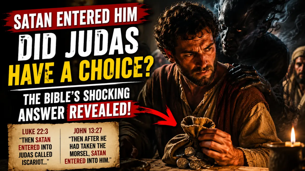 Cinematic biblical illustration depicting Judas Iscariot holding a bag of silver while a dark shadow symbolizes satanic influence, representing Luke 22:3 and John 13:27 and the biblical tension between spiritual influence and human responsibility in Jesus’ betrayal.