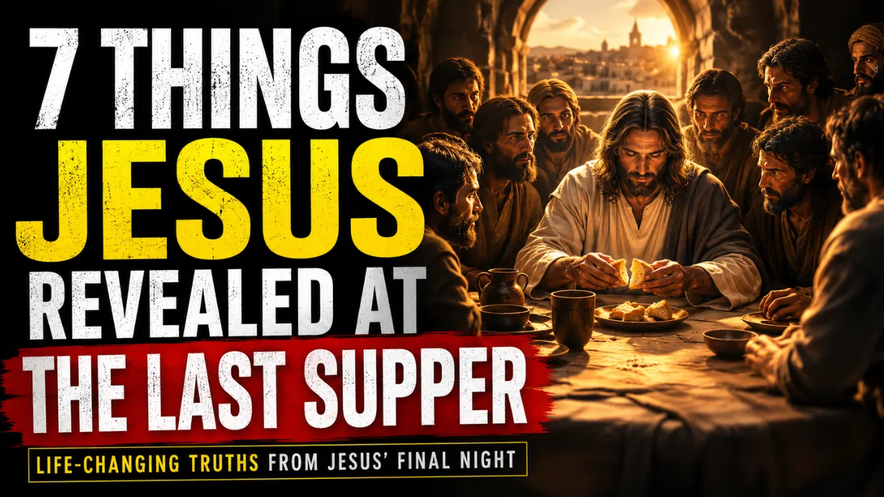 Jesus breaking bread with His disciples at the Last Supper, illustrating seven important truths He revealed about His sacrifice, the new covenant, servant leadership, love, and future hope.