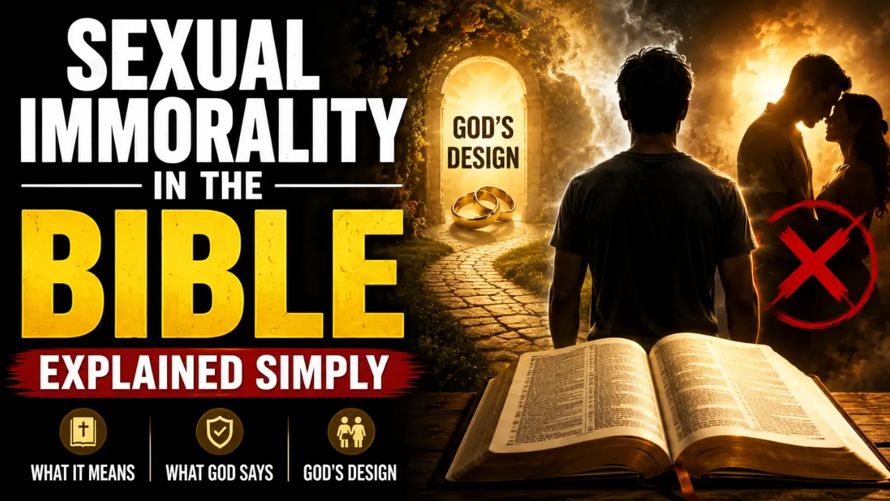Cinematic Christian illustration showing an open Bible, a person choosing between paths, a marriage covenant symbol, and imagery representing God's design for sexuality, explaining the biblical meaning of sexual immorality in Scripture.