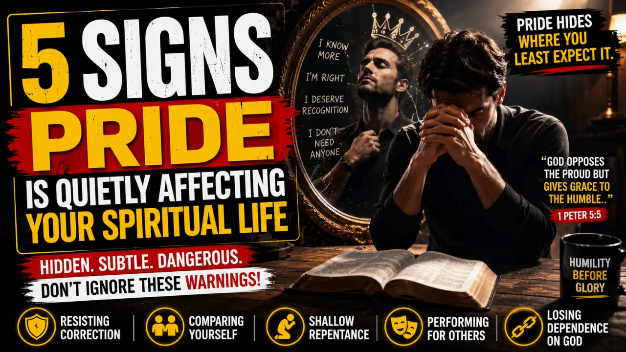 Cinematic illustration of a Christian man praying before an open Bible while a prideful reflection appears in a mirror behind him, symbolizing hidden spiritual pride and self-righteousness.