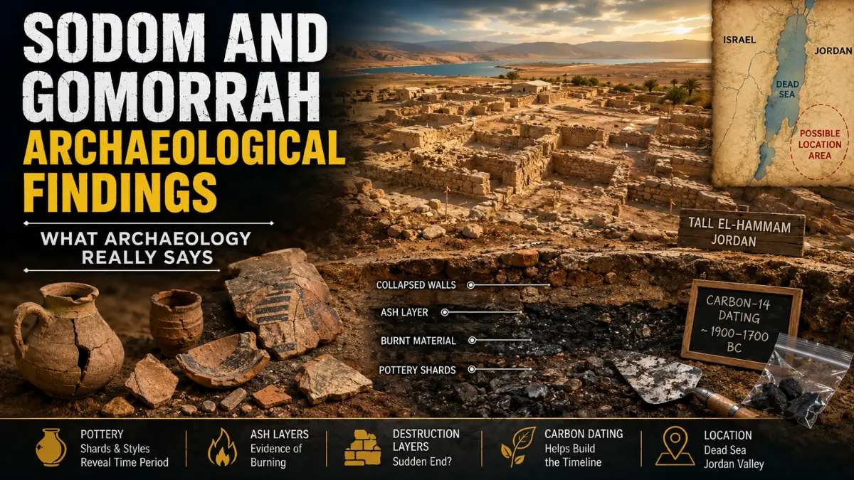 A cinematic archaeological scene showing ancient ruins, pottery shards, ash layers, carbon dating notes, and a Dead Sea map linked to Sodom and Gomorrah findings.