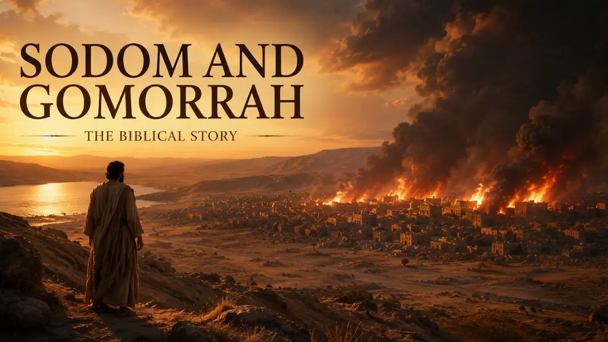 A cinematic scene of a lone figure watching Sodom and Gomorrah burning in the distance, illustrating the Genesis story of judgment and Lot’s escape.