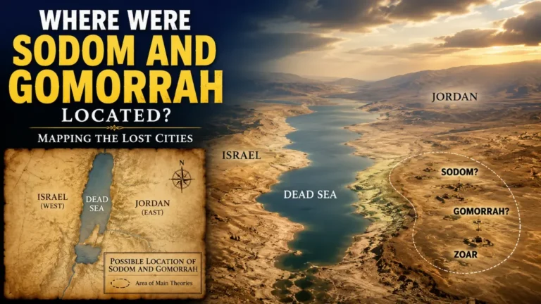 A cinematic map-style image showing the Dead Sea region with Israel, Jordan, and possible locations for Sodom, Gomorrah, and Zoar marked.