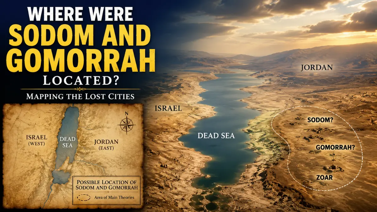 A cinematic map-style image showing the Dead Sea region with Israel, Jordan, and possible locations for Sodom, Gomorrah, and Zoar marked.