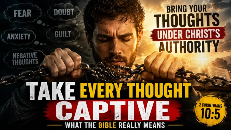 A Christian illustration showing a man breaking chains, symbolizing bringing thoughts under Christ's authority according to 2 Corinthians 10:5.