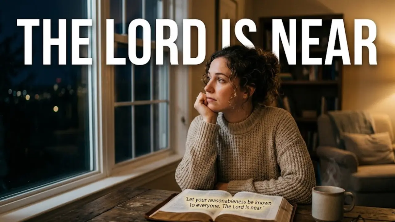 A peaceful person near an open Bible with warm light symbolizing the meaning of The Lord is near in Philippians 4:5.