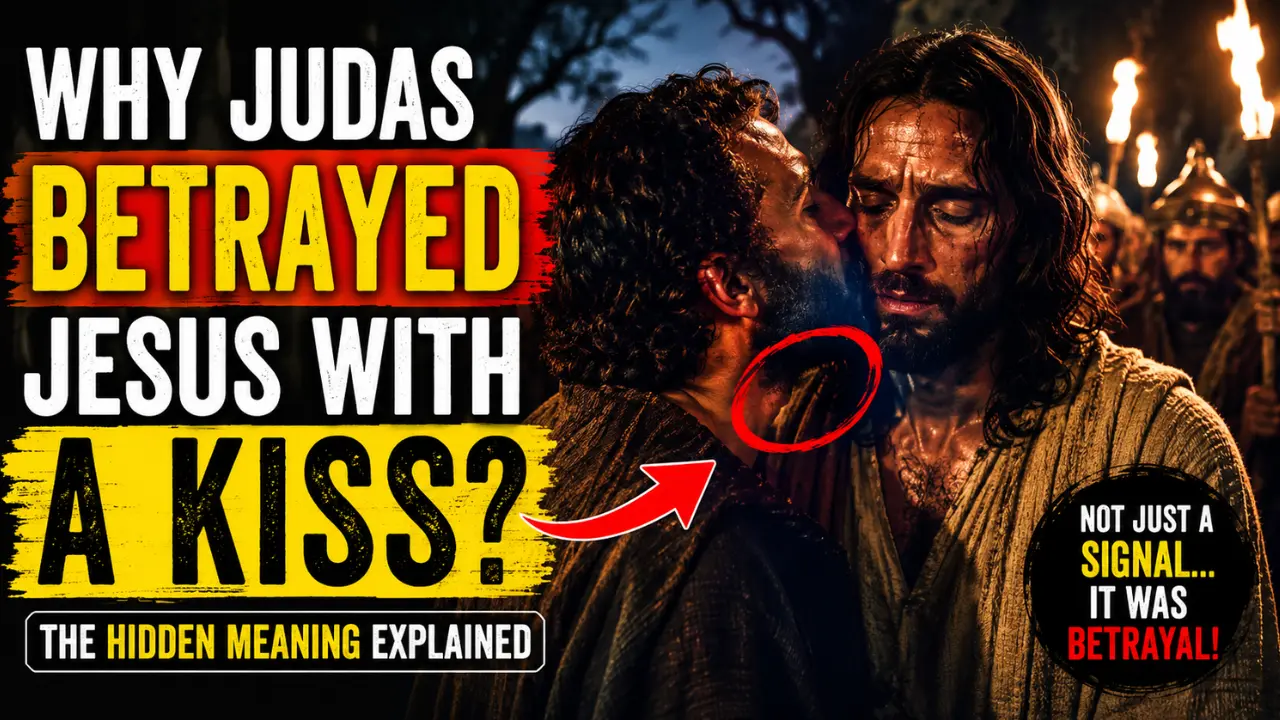 Cinematic biblical illustration of Judas kissing Jesus in the Garden of Gethsemane while armed men approach with torches, depicting the betrayal kiss, ancient cultural symbolism, and Jesus’ arrest in the Gospel accounts.