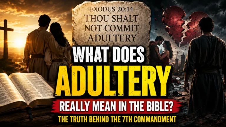 Cinematic biblical illustration featuring the stone tablet of Exodus 20:14, an open Bible, a faithful couple beside a cross, and contrasting imagery of broken covenant and temptation, symbolizing the meaning of “Thou Shalt Not Commit Adultery” and the Bible’s call to covenant faithfulness.
