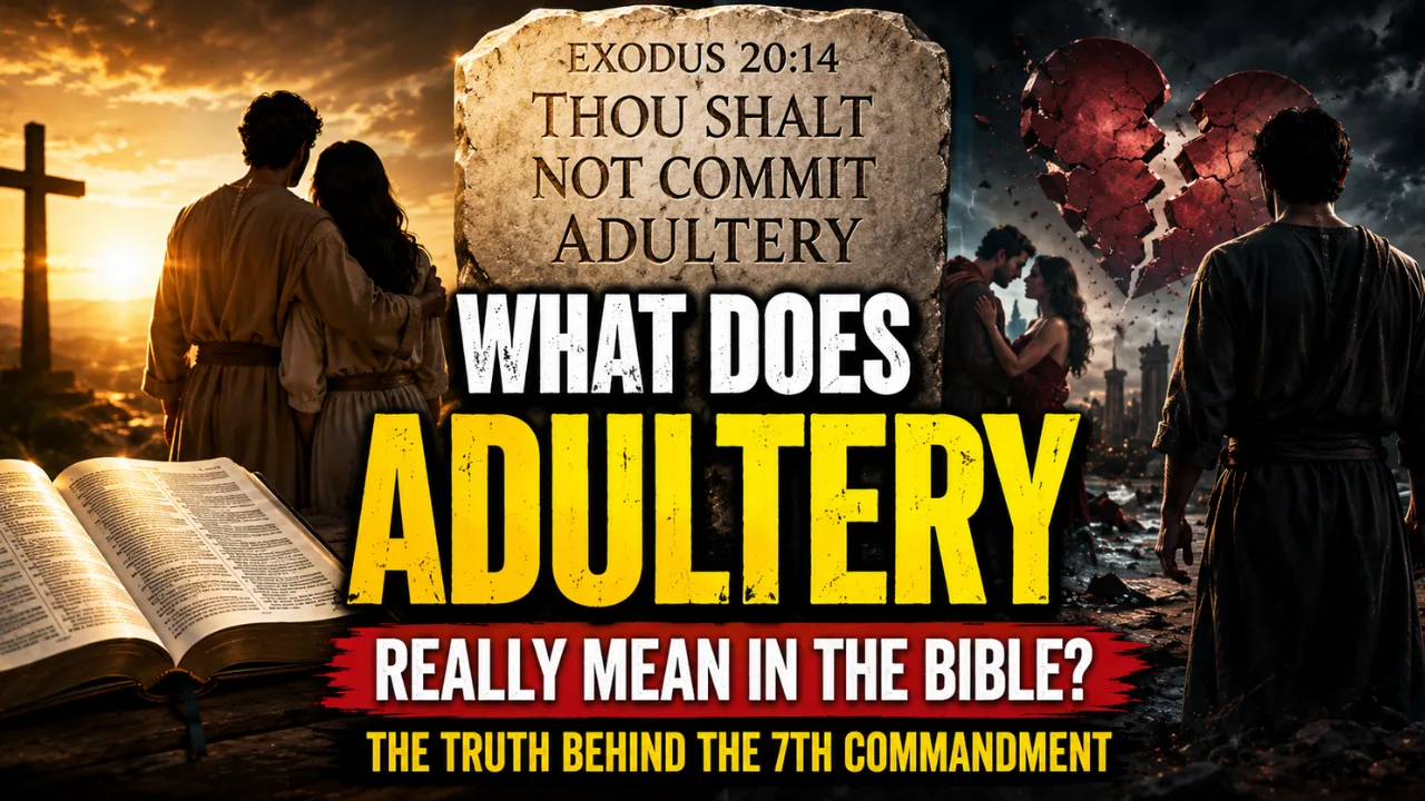 Cinematic biblical illustration featuring the stone tablet of Exodus 20:14, an open Bible, a faithful couple beside a cross, and contrasting imagery of broken covenant and temptation, symbolizing the meaning of “Thou Shalt Not Commit Adultery” and the Bible’s call to covenant faithfulness.