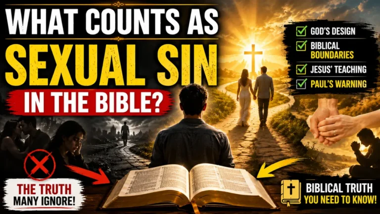 Cinematic Christian illustration showing an open Bible, a person standing at a crossroads, a couple walking toward a cross, and imagery representing God's design for marriage and biblical sexual boundaries, explaining what counts as sexual sin according to Scripture.