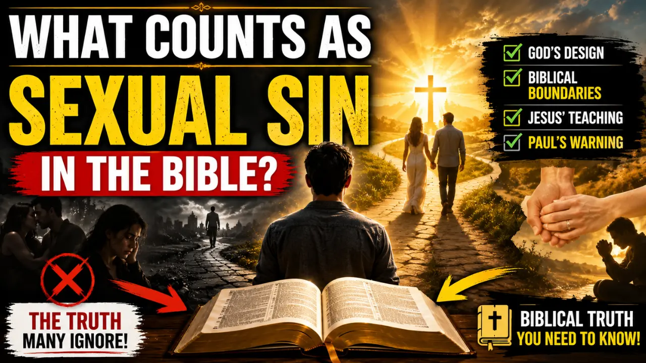 Cinematic Christian illustration showing an open Bible, a person standing at a crossroads, a couple walking toward a cross, and imagery representing God's design for marriage and biblical sexual boundaries, explaining what counts as sexual sin according to Scripture.