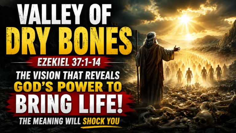 Cinematic illustration of Ezekiel standing in the valley of dry bones as restored people rise under radiant heavenly light symbolizing Israel’s restoration and the life-giving Spirit of God in Ezekiel 37.