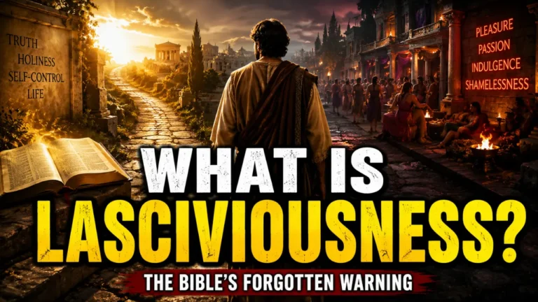 Cinematic biblical illustration showing a man standing at a crossroads between a path of holiness illuminated by Scripture and a path of moral indulgence, symbolizing the biblical meaning of lasciviousness, spiritual compromise, and the call to self-control.