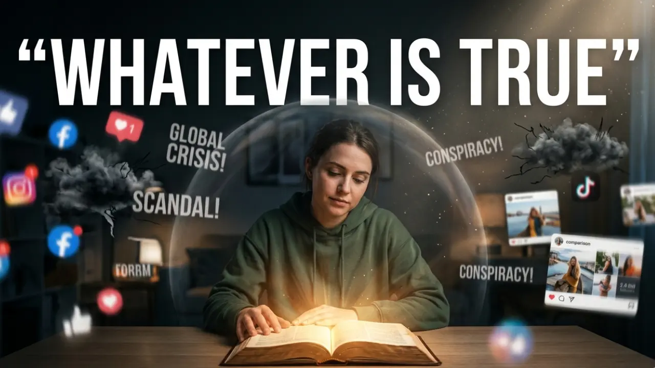 A person reading an open Bible while anxious thoughts and digital noise fade before the truth of Philippians 4:8.