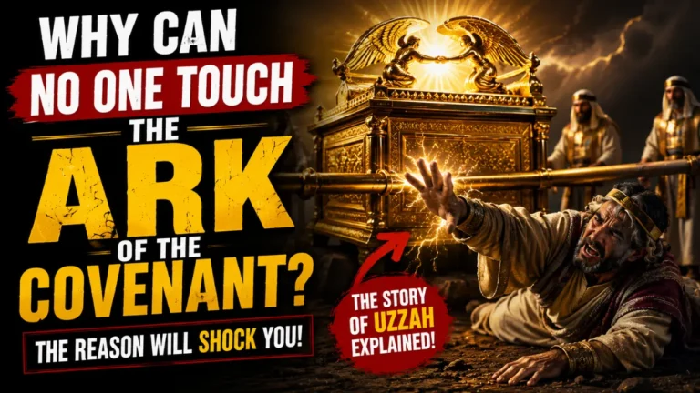 Cinematic illustration of Uzzah reaching toward the glowing Ark of the Covenant while priests stand nearby, representing God’s holiness and the biblical warning against touching the sacred Ark.