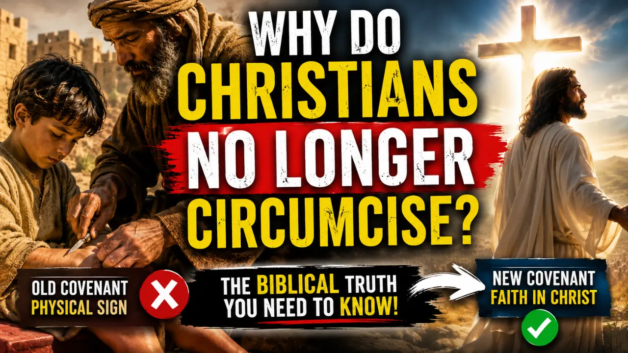 Cinematic illustration comparing Old Covenant circumcision with New Covenant faith in Christ, showing an ancient biblical scene beside Jesus near a glowing cross.