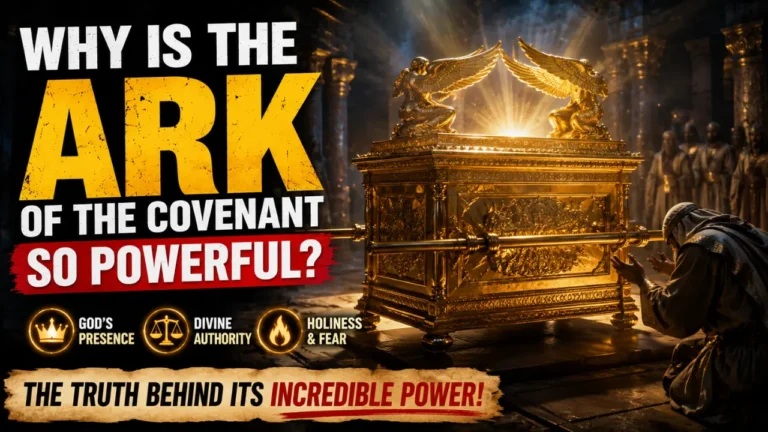 Cinematic illustration of the glowing Ark of the Covenant inside a sacred temple with worshippers kneeling nearby, representing God’s holiness, presence, authority, and the power associated with the Ark in the Bible.
