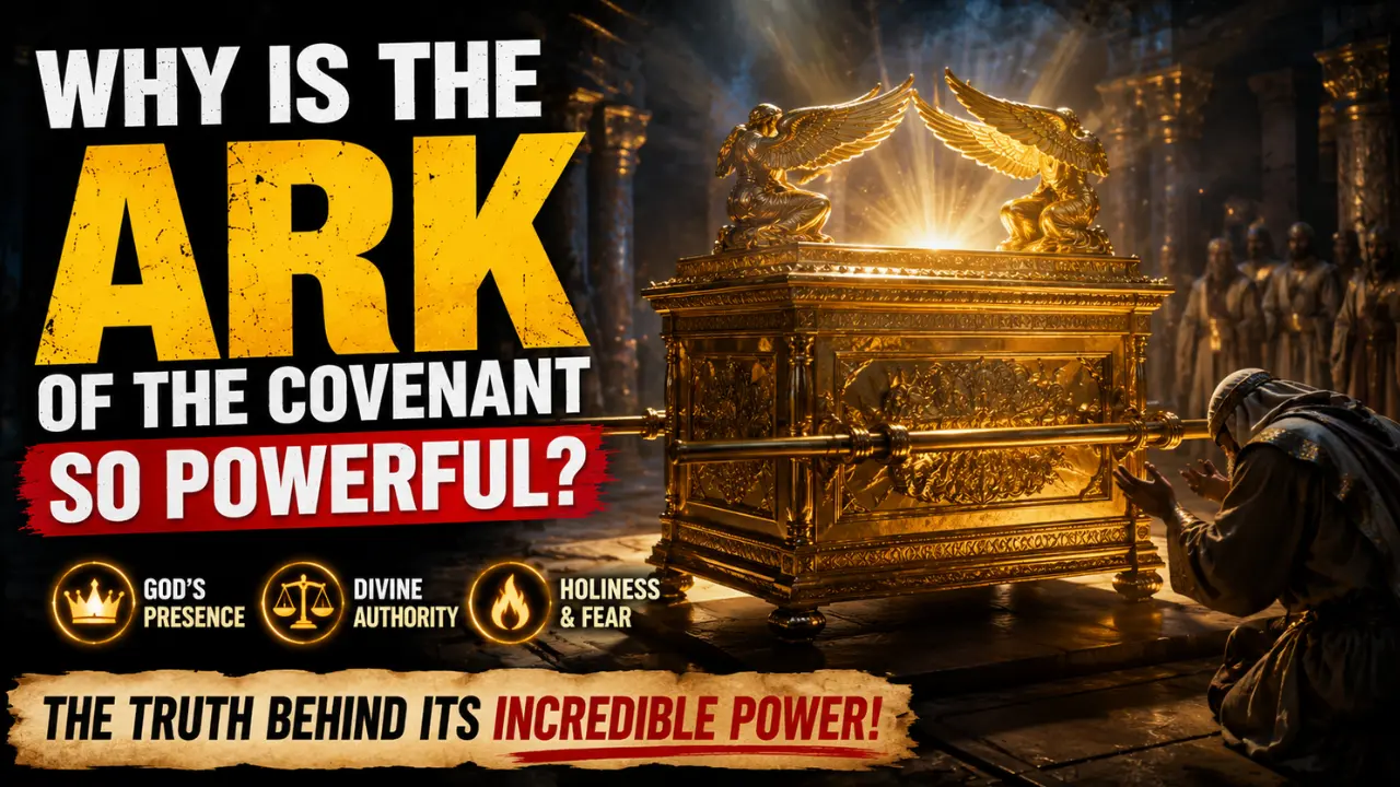 Cinematic illustration of the glowing Ark of the Covenant inside a sacred temple with worshippers kneeling nearby, representing God’s holiness, presence, authority, and the power associated with the Ark in the Bible.