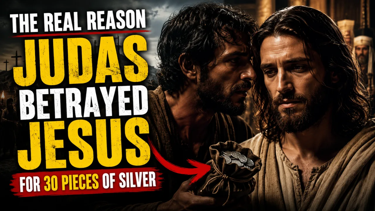 Cinematic depiction of Judas betraying Jesus for thirty pieces of silver with dramatic biblical scene and bold text overlay.