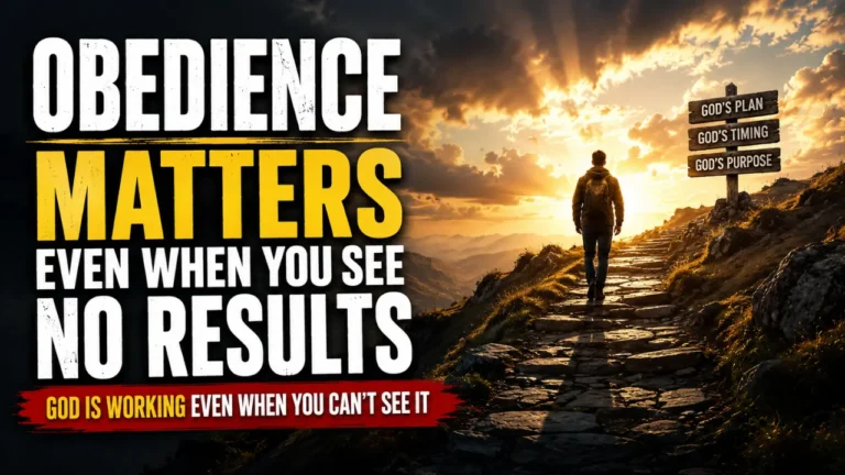 A man standing on a mountain path at sunrise, symbolizing faithful obedience to God even when results are not yet visible.