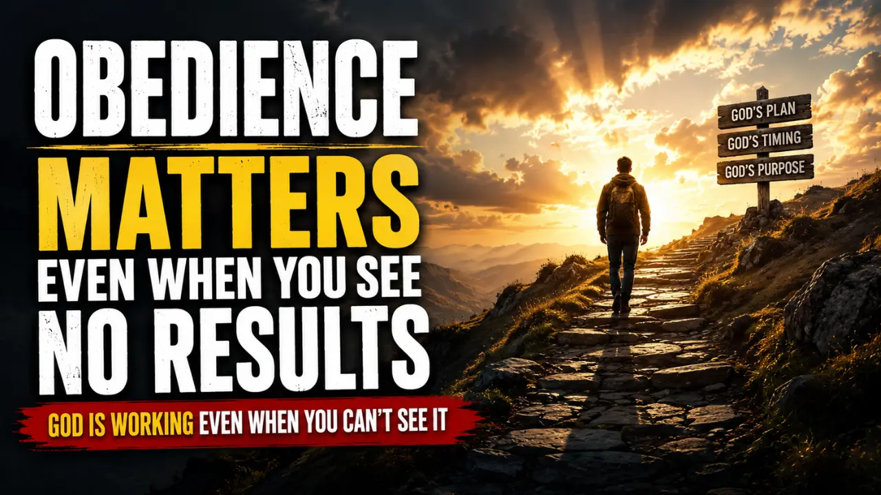 A man standing on a mountain path at sunrise, symbolizing faithful obedience to God even when results are not yet visible.