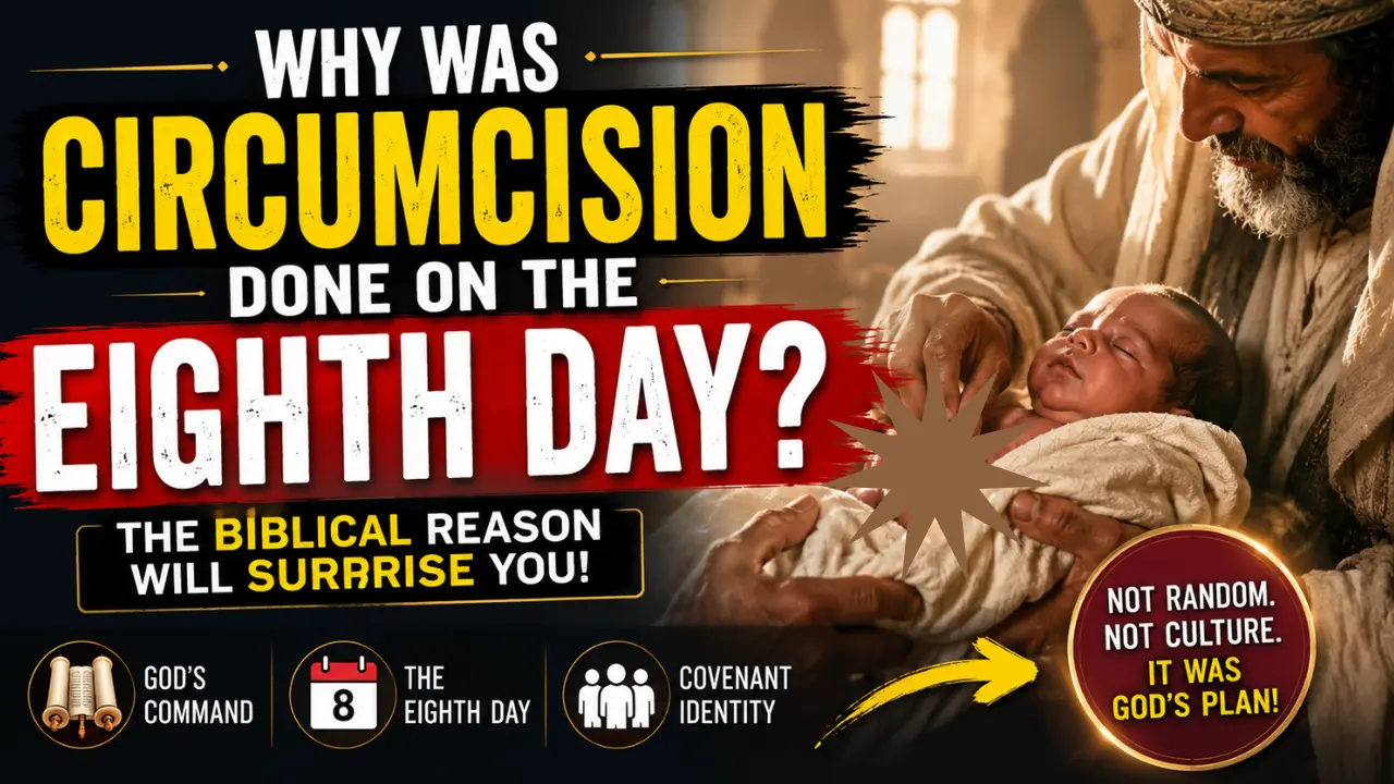 Cinematic biblical thumbnail showing eighth-day circumcision as God’s covenant command, with bold text about the biblical reason behind the timing.