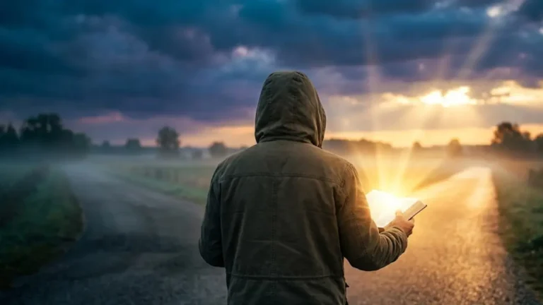Open Bible glowing at a dramatic crossroads, symbolizing wisdom and guidance before making decisions