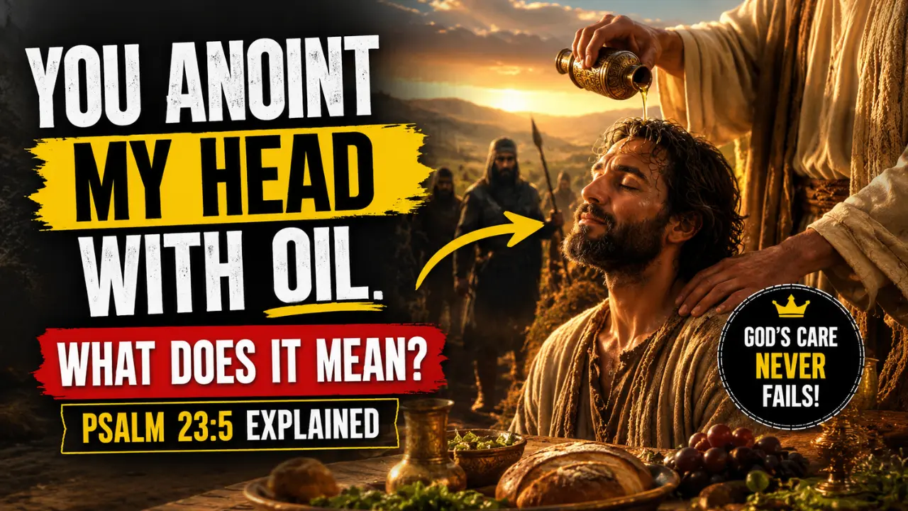 Cinematic illustration of a man seated at a table while oil is poured over his head in Psalm 23:5, symbolizing God’s care, refreshment, honor, and provision in the presence of enemies.