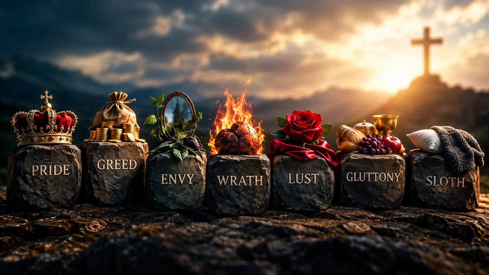 Seven deadly sins—pride, greed, envy, wrath, lust, gluttony, and sloth—represented by symbolic objects with a cross in the background
