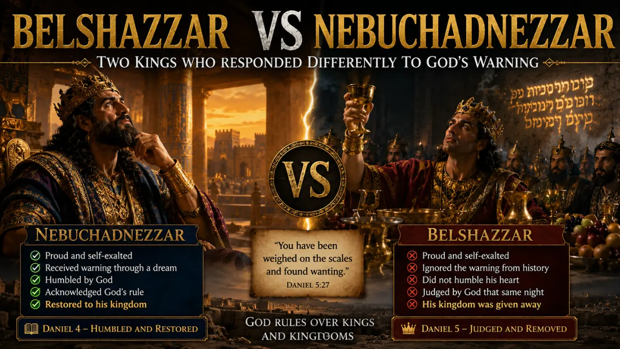 Compare two Babylonian kings in Daniel and see why Nebuchadnezzar was humbled and restored while Belshazzar was judged that same night in Babylon.