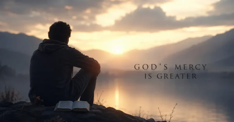 Man sitting beside an open Bible at sunrise with the text “God’s Mercy Is Greater.”