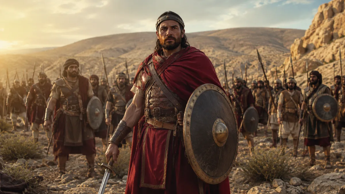 Ancient Amalekite warriors standing with shields and spears in a rocky desert valley at sunset.