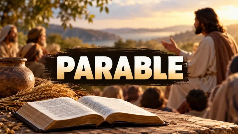 Jesus teaching a group of listeners outdoors, with an open Bible and wheat in the foreground, illustrating the meaning of a biblical parable