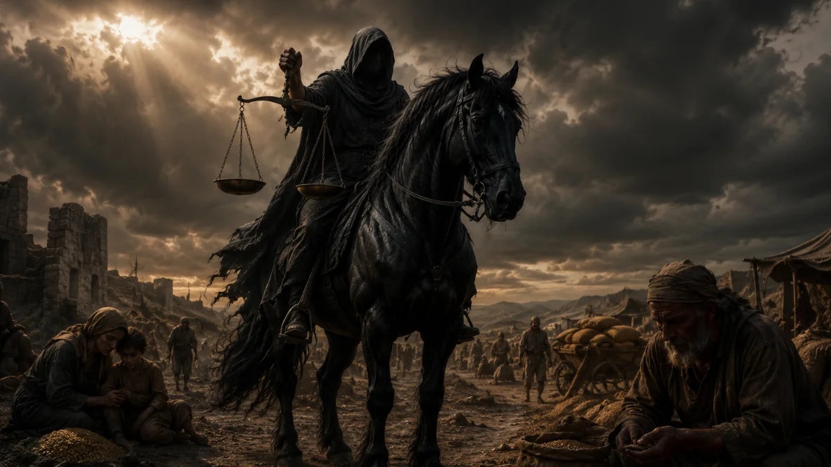 Black horse rider holding scales in a famine-stricken biblical landscape, representing Revelation 6 and severe food scarcity.