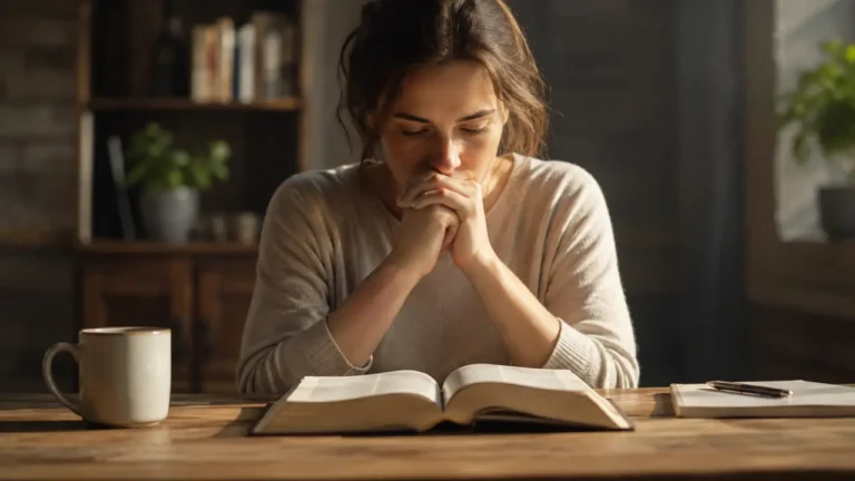 Woman pausing thoughtfully over an open Bible while reflecting on the meaning of bridling the tongue in James 1:26.
