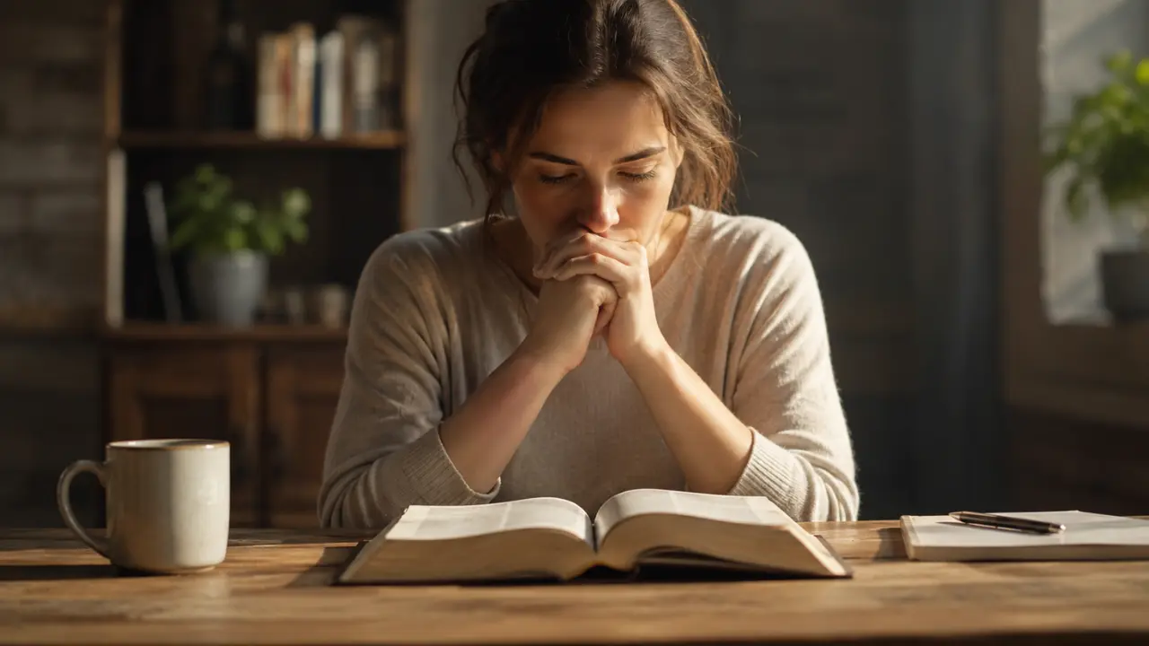 Woman pausing thoughtfully over an open Bible while reflecting on the meaning of bridling the tongue in James 1:26.