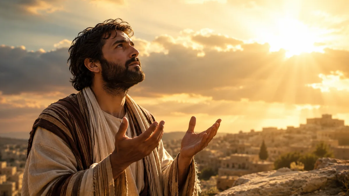 Biblical man looking toward golden light, representing countenance, God’s favor, presence, and gracious attention in Scripture.